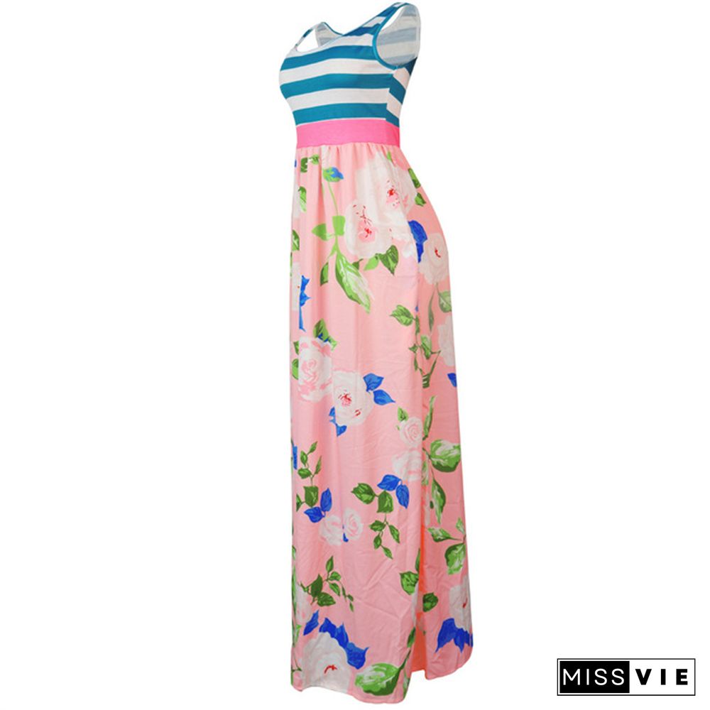 Summer Clothing Patchwork Floral Print Sleeveless High Waist Women Casual Streetwear Maxi Long Dress