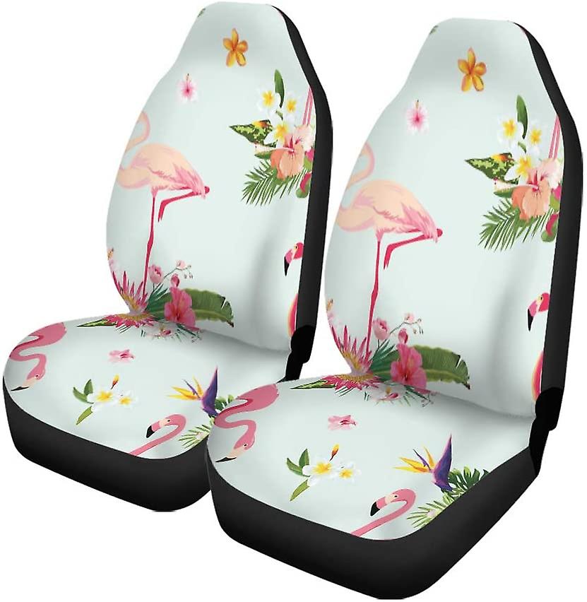 Set Of 2 Car Seat Covers Pink Pattern Flamingo Bird And Tropical Flowers Retro Universal Auto Front Seats Protector Fits