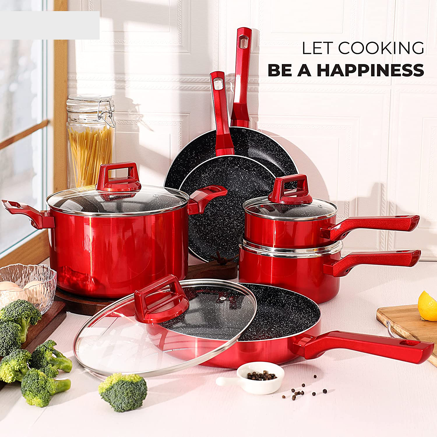 10 Pcs Pots and Pans Sets, Nonstick Cookware Set, Induction Pan Set, Chemical-Free Kitchen Sets, Saucepan, Saute Pan with Lid, Frying Pan, Red