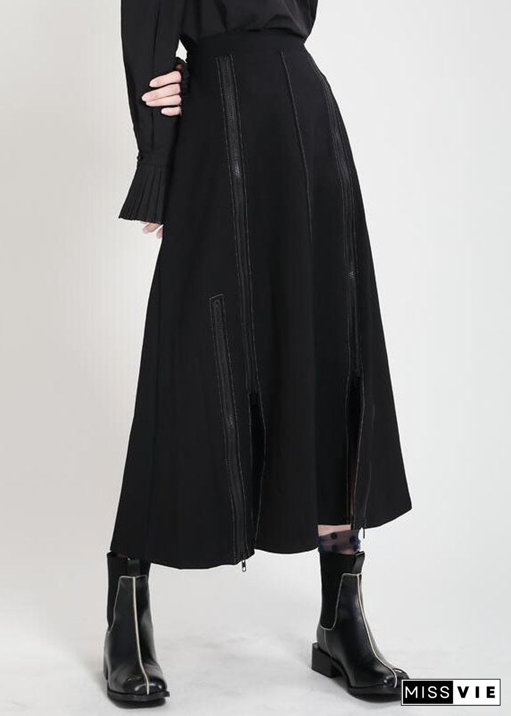 Modern Black High Waist zippered asymmetrical design Patchwork Fall Skirt