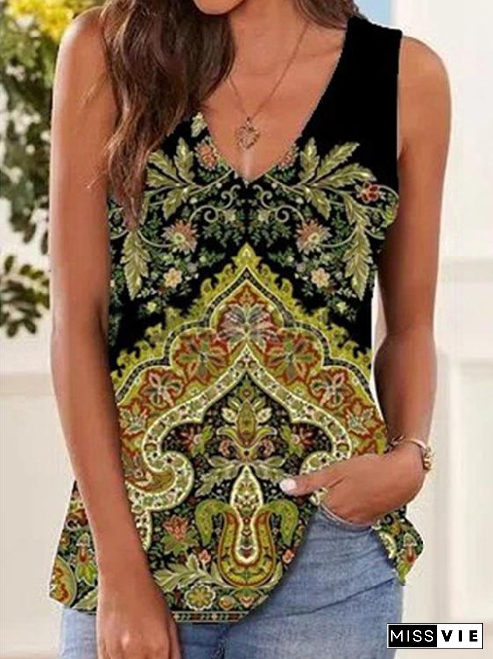 Women's Sleeveless V-neck Floral Printed Tops T-shirts