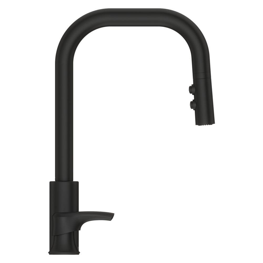 Pfister Zanna Single Handle Pull Down Sprayer Kitchen Faucet with Deckplate and Soap Dispenser in Matte Black F-529-7ZNRB