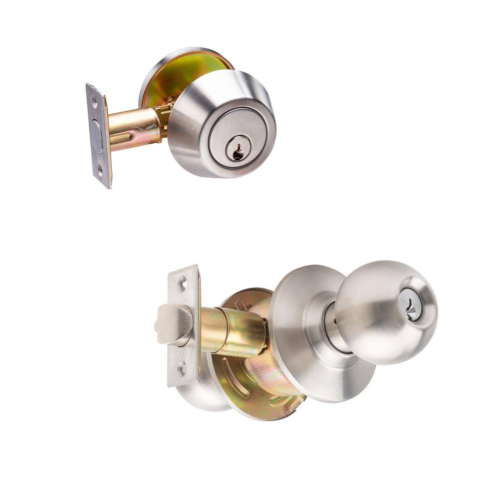 Taco ECB Satin Stainless Steel Grade 3 Cylindrical Entry Door Knob 2-34in Backset Lockset and Single Cylinder Deadbolt Combo DL-ECB53S234DB251-US32D