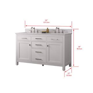 SUDIO Jasper 54 in. W x 22 in. D Bath Vanity in White with Engineered Stone Vanity Top in Carrara White with White Basins Jasper-54W-D