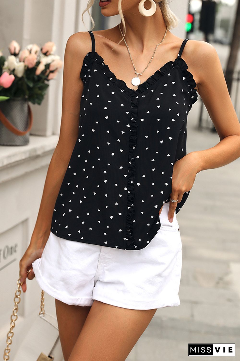 Heart Print Ruffles Strap Vest Tank Top Wholesale