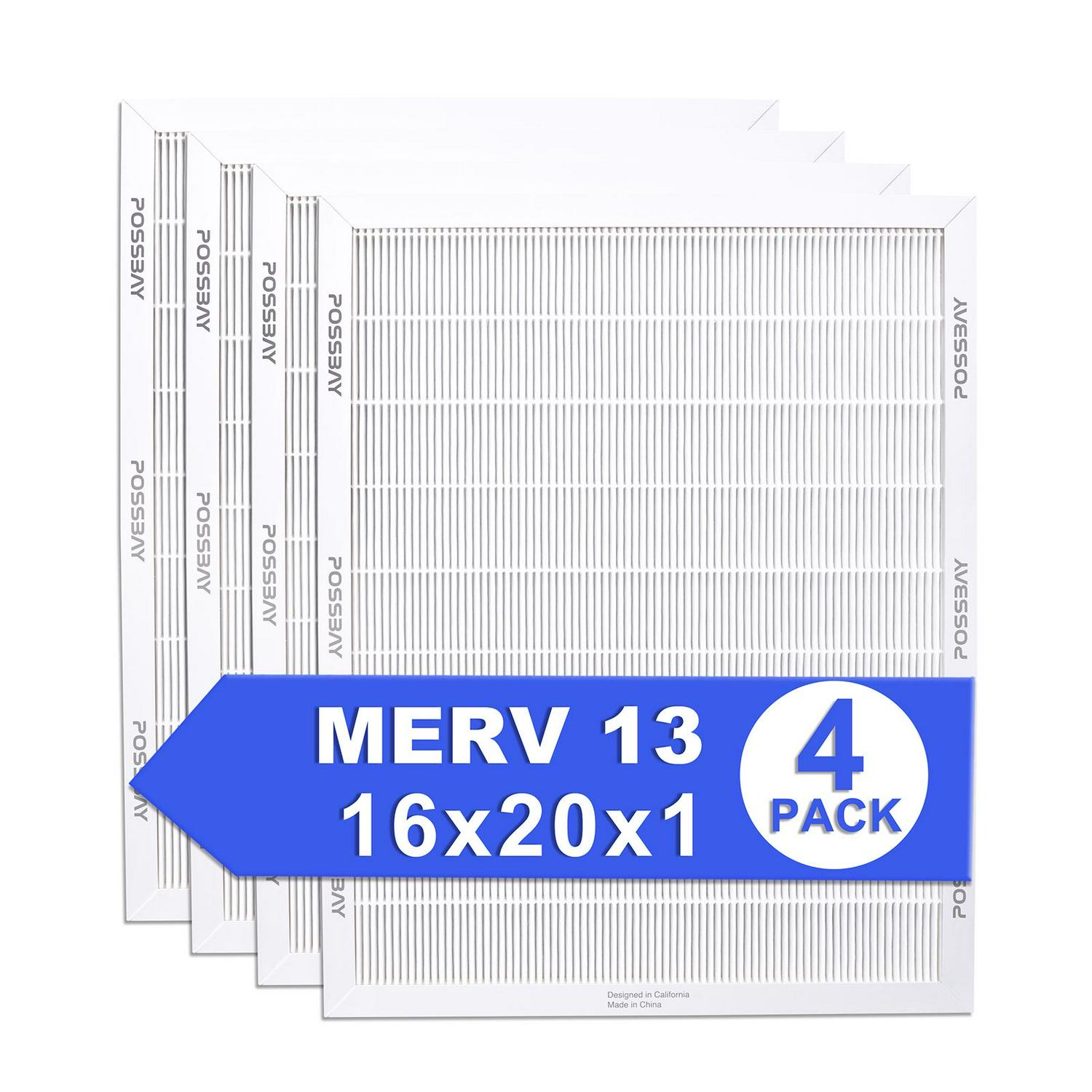 Possbay 16x20x1 MERV 13 Air Filter，4 Pack For AC Furnace Pleated Replacement HVAC System Reduce Dust