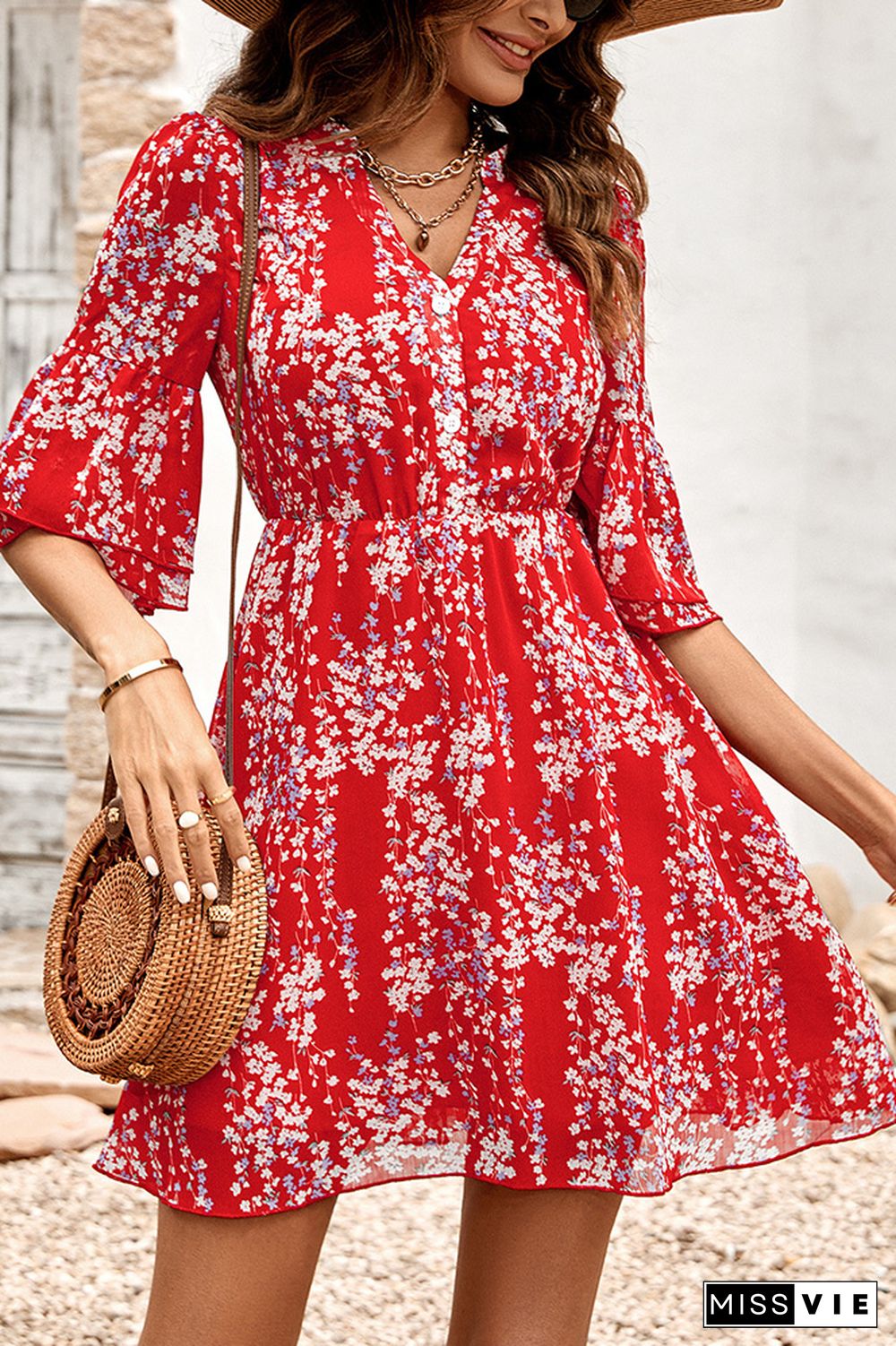 V Neck Buttoned Down High Waist Floral Dress