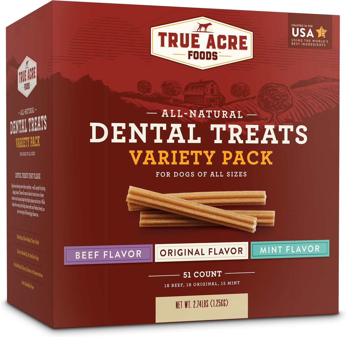 True Acre Foods All-Natural Dental Chew Sticks Variety Pack， Original， Beef， and Mint Flavor Dog Dental Treats