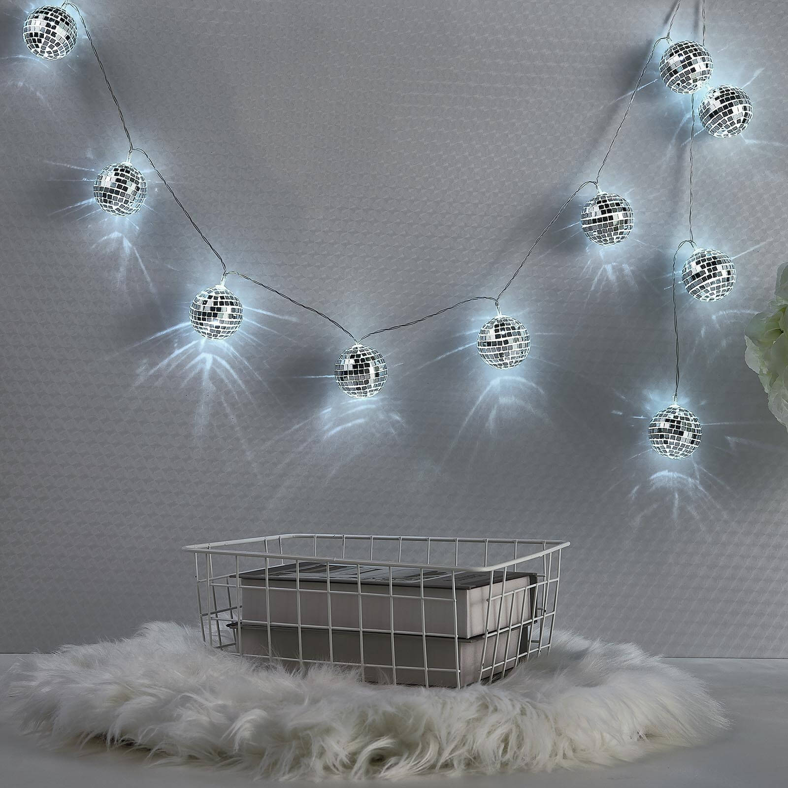 Silver Disco Mirror Ball Battery Operated 10 LED String Light Garland, Cool White 6ft