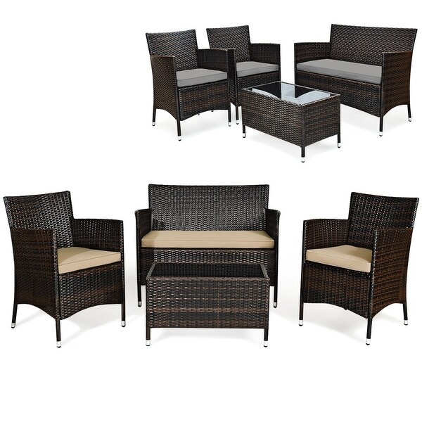 Costway 4PCS Rattan Patio Furniture Set Cushioned Sofa Chair Coffee