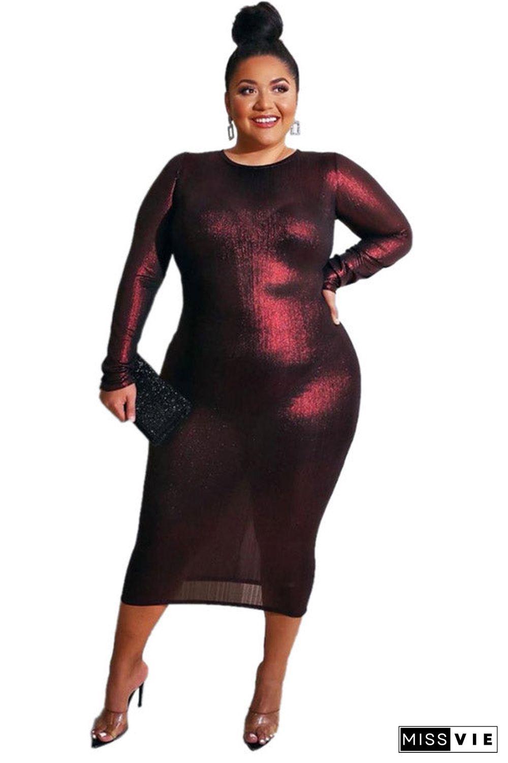 Plus Size Burgundy Long Sleeve Cocktail Party Dress