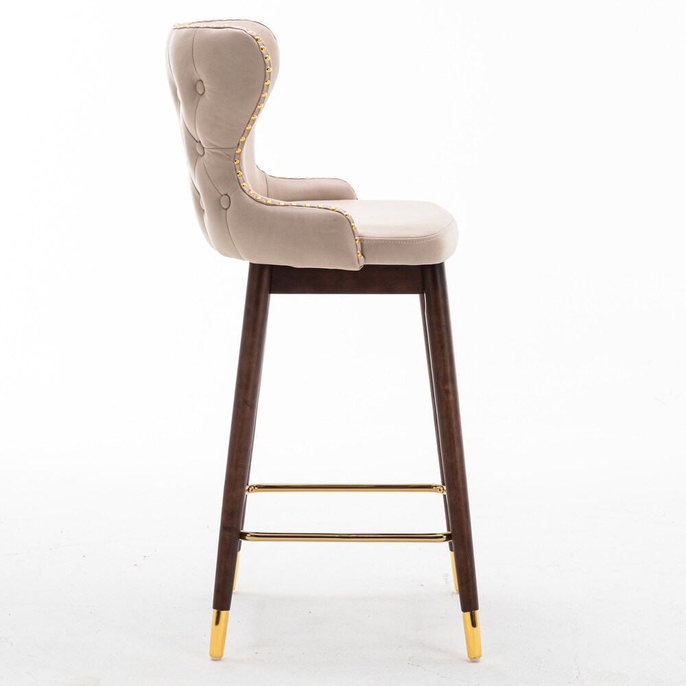 Modern Leather Fabric Bar Stool with Gold Nailheads   Solid Wood Legs  Set of 2