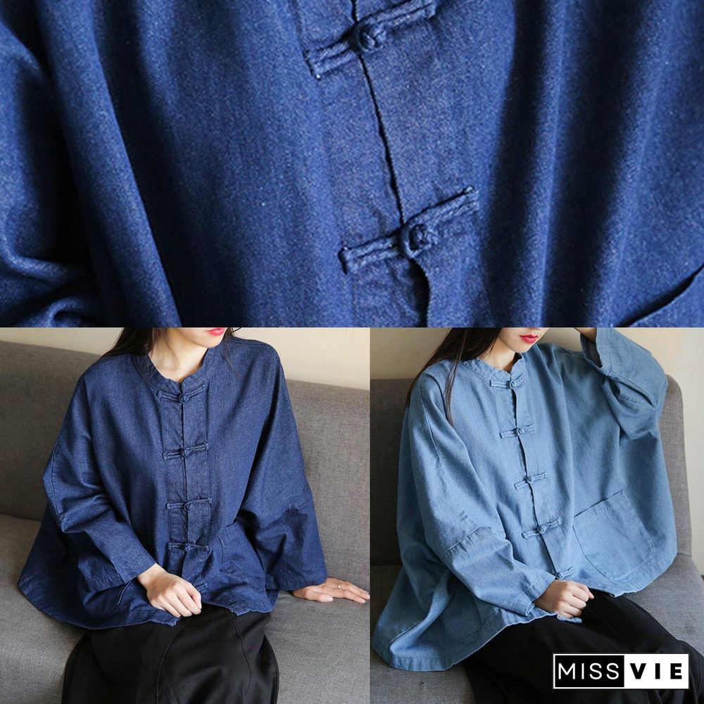 Loose stand collar Chinese Button clothes For Women Sleeve denim light blue-little flower shirts