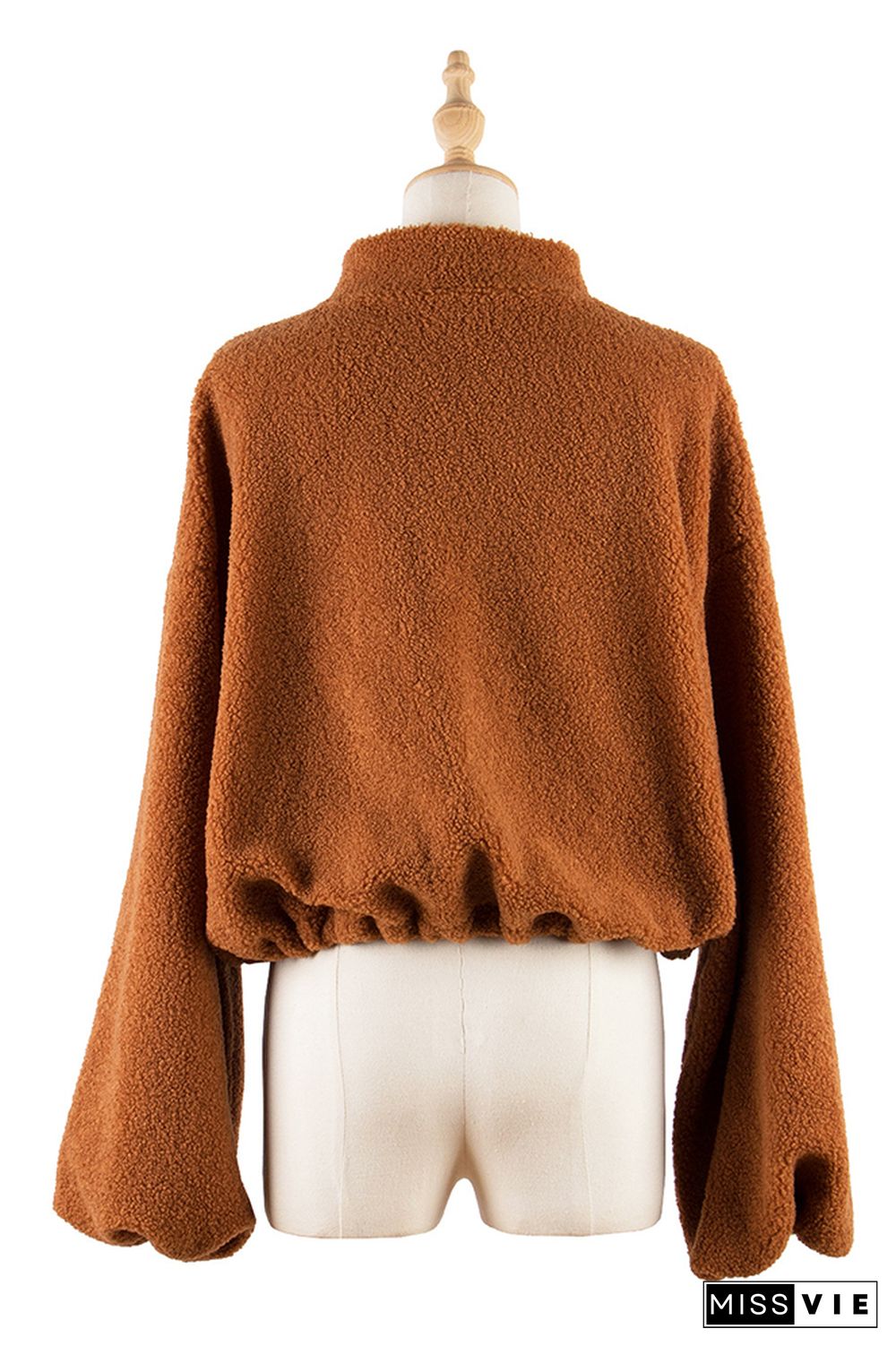 Brown Zipper Up Drawstring Hemline Oversized Fleece Jackets