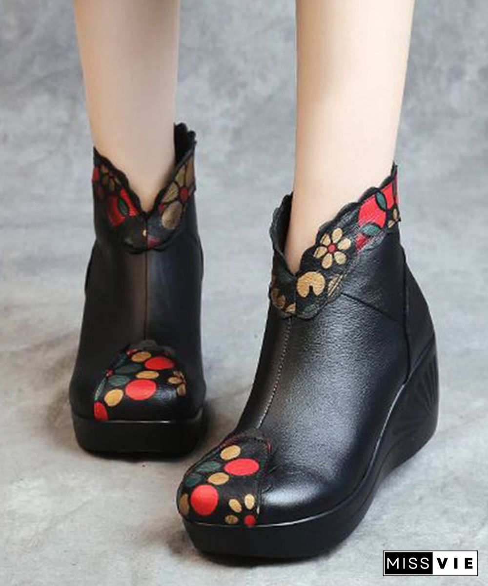 Red Floral Splicing Cowhide Leather Ankle Boots Wedge