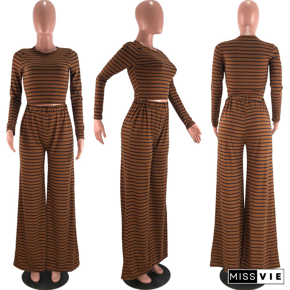 Striped Long Sleeve T Shirts Wide Leg Pants Outfits