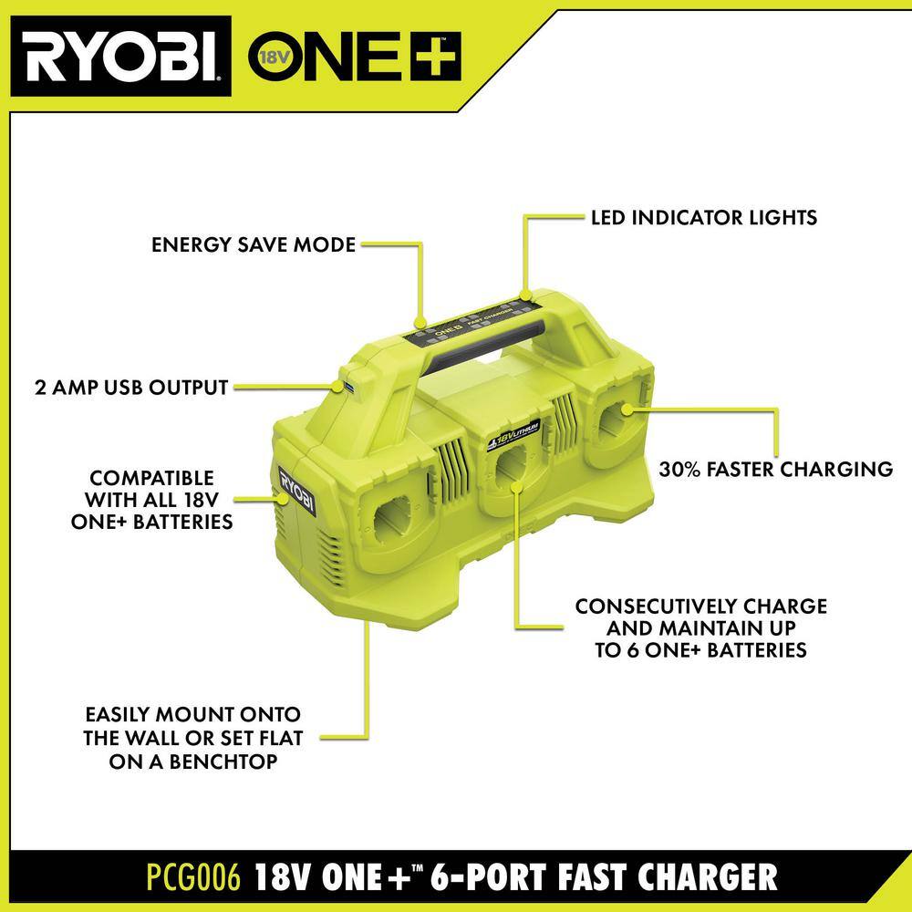 RYOBI ONE+ 18V Lithium-Ion 2.0 Ah Compact Battery (6-Pack) with 6-Port Charger PBP2006-PBP2006-PBP2006-PCG006