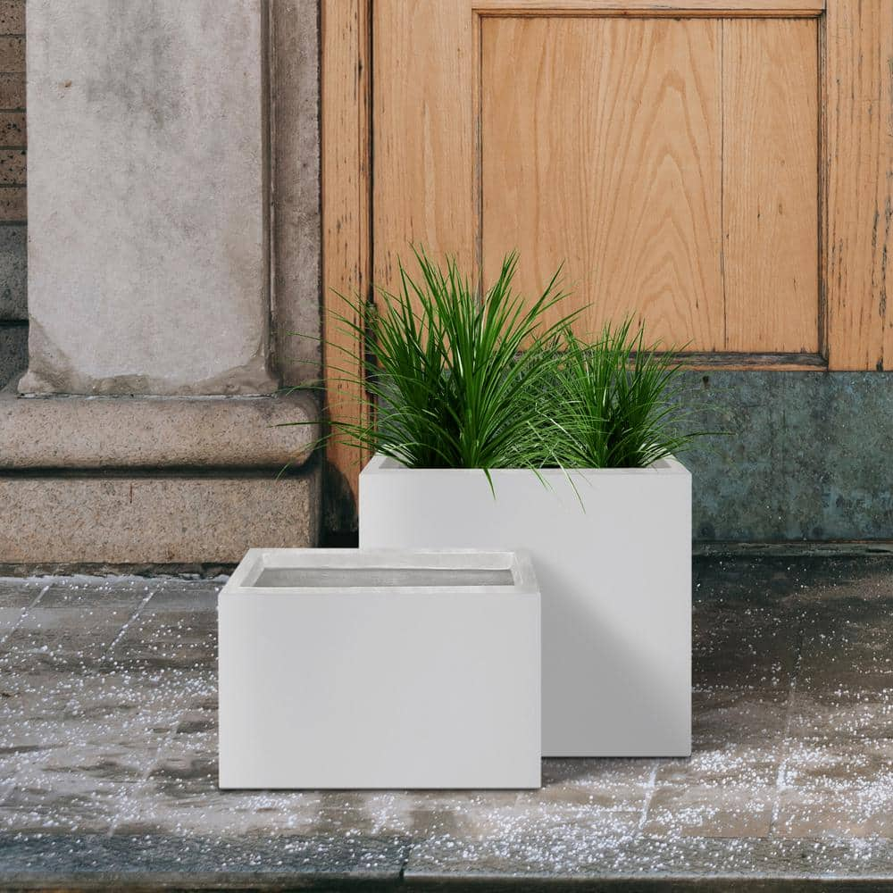 KANTE 24 in. and 20 in. L Rectangular Lightweight Pure White Concrete Metal Planters with Drainage Hole (Set of 2) RF0146SA-C80011