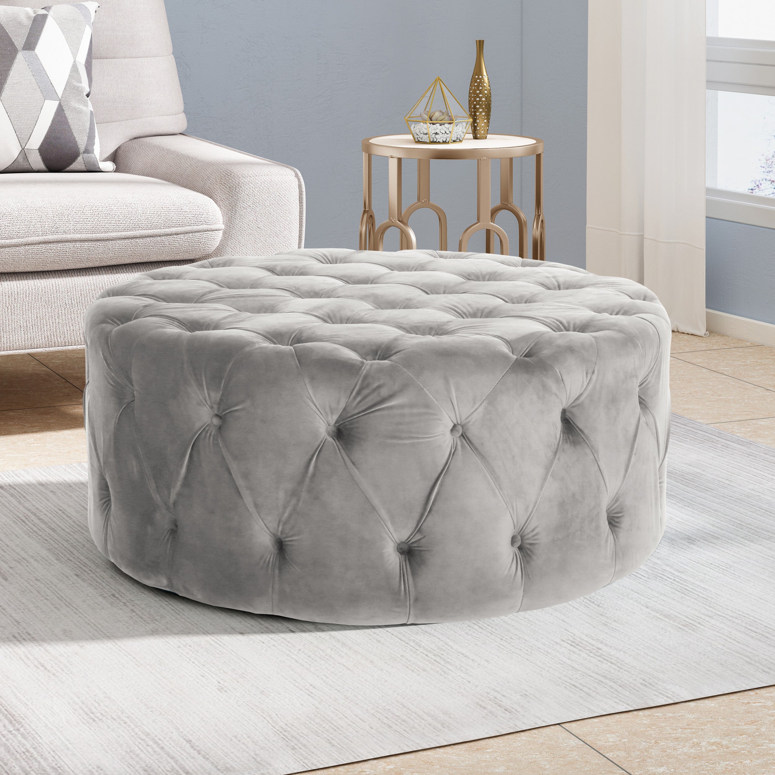 Kaung Modern Glam Round Tufted Velvet Ottoman Coffee Table