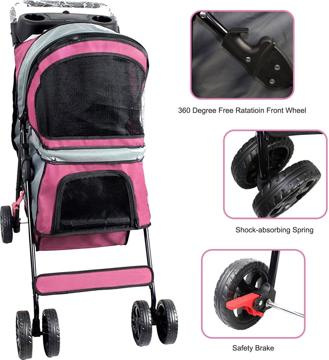 Jespet 4 Wheel Pet Stroller， Red