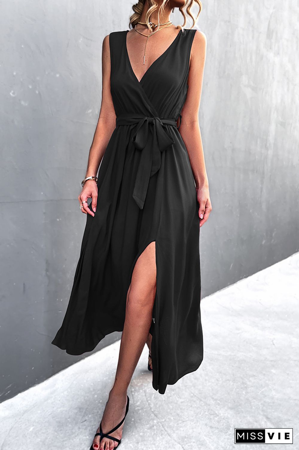 V-neck Cross-tie Sleeveless Slit Dress Wholesale