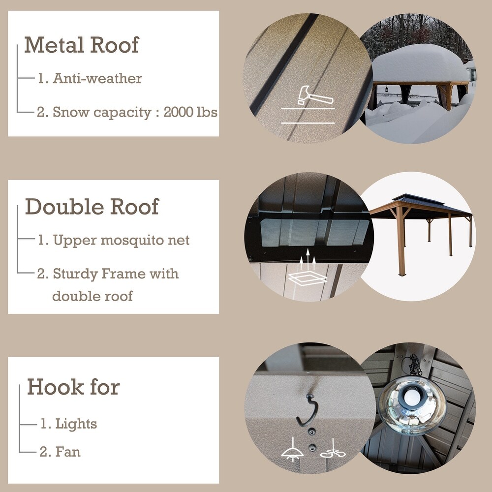 Kozyard Apollo Wood Looking 12ft x 20ft Aluminum Hardtop Gazebo with Galvanized Steel Roof and Mosquito Net