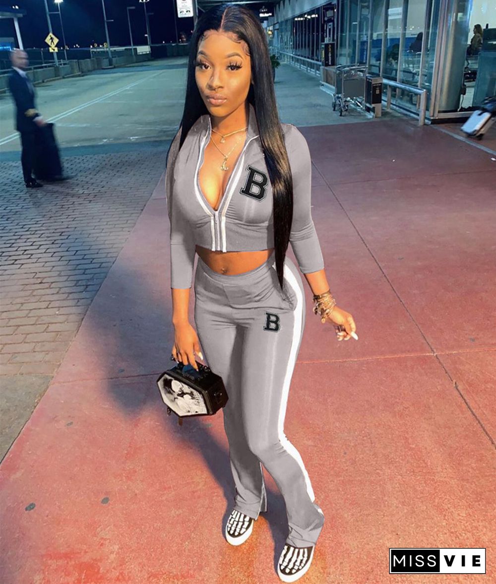 Casual Zip Jackets Crop Top Side Stripe Pants Sweatsuits