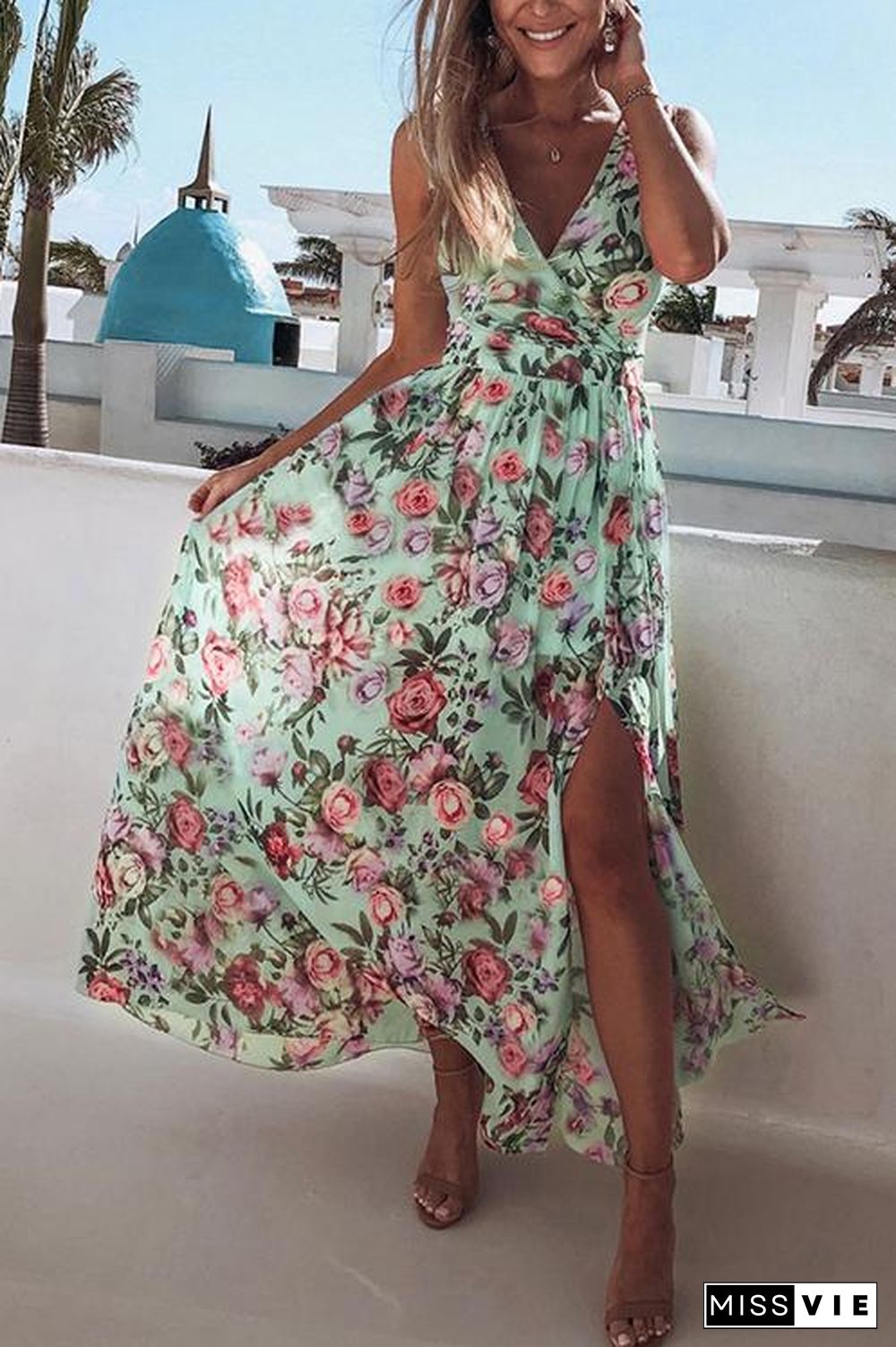 V Neck Floral Print Maxi Dress