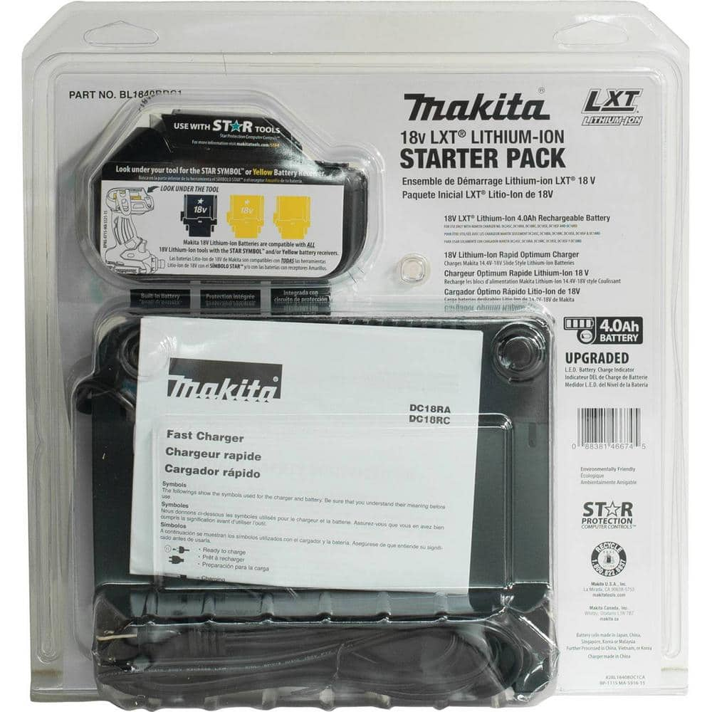 Makita 18V LXT Lithium-Ion High Capacity Battery Pack 4.0Ah with Fuel Gauge and Charger Starter Kit BL1840BDC1