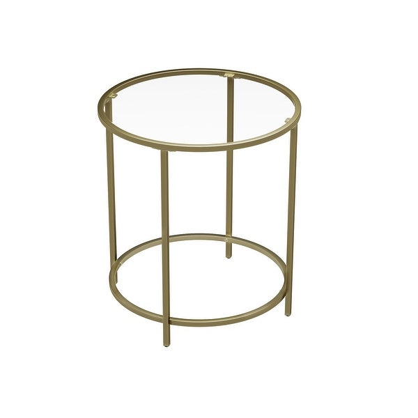 Round Side Table， Tempered Glass End Table with Golden Metal Frame， Small Coffee Table， Bedside Table， Living Room， Balcony