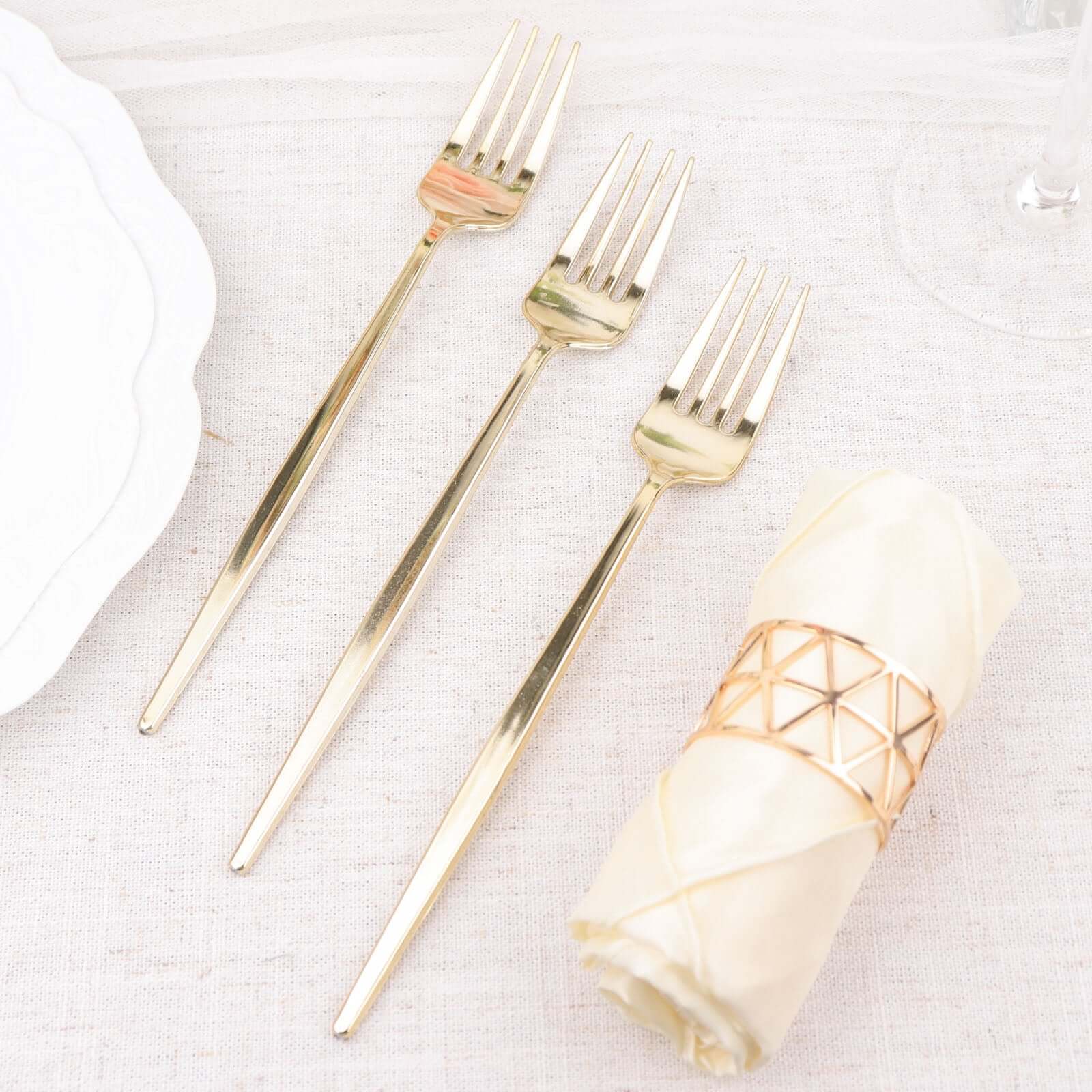 24 Pack Glossy Gold Heavy Duty Plastic Silverware Forks Cutlery, Premium Disposable Sleek Flatware 8