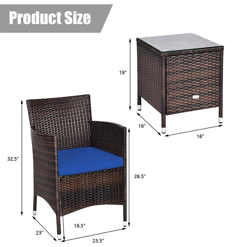 Gymax 3-Piece Rattan Patio Chair and Table Furniture Set Outdoor with Navy Cushion GYM07042