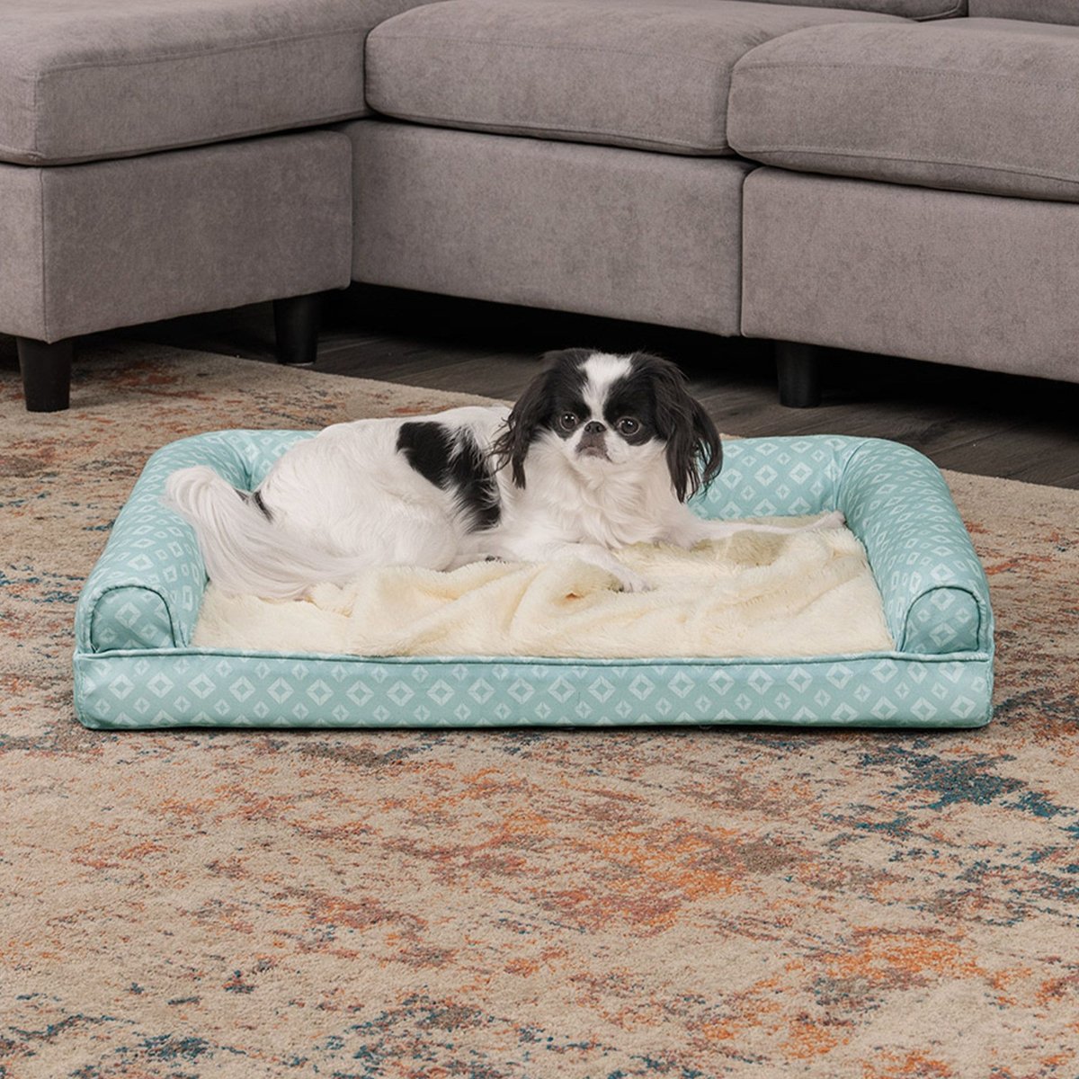 FurHaven Pet Products Plush Fur and Diamond Print Nest-Top Orthopedic Sofa Cat and Dog Bed