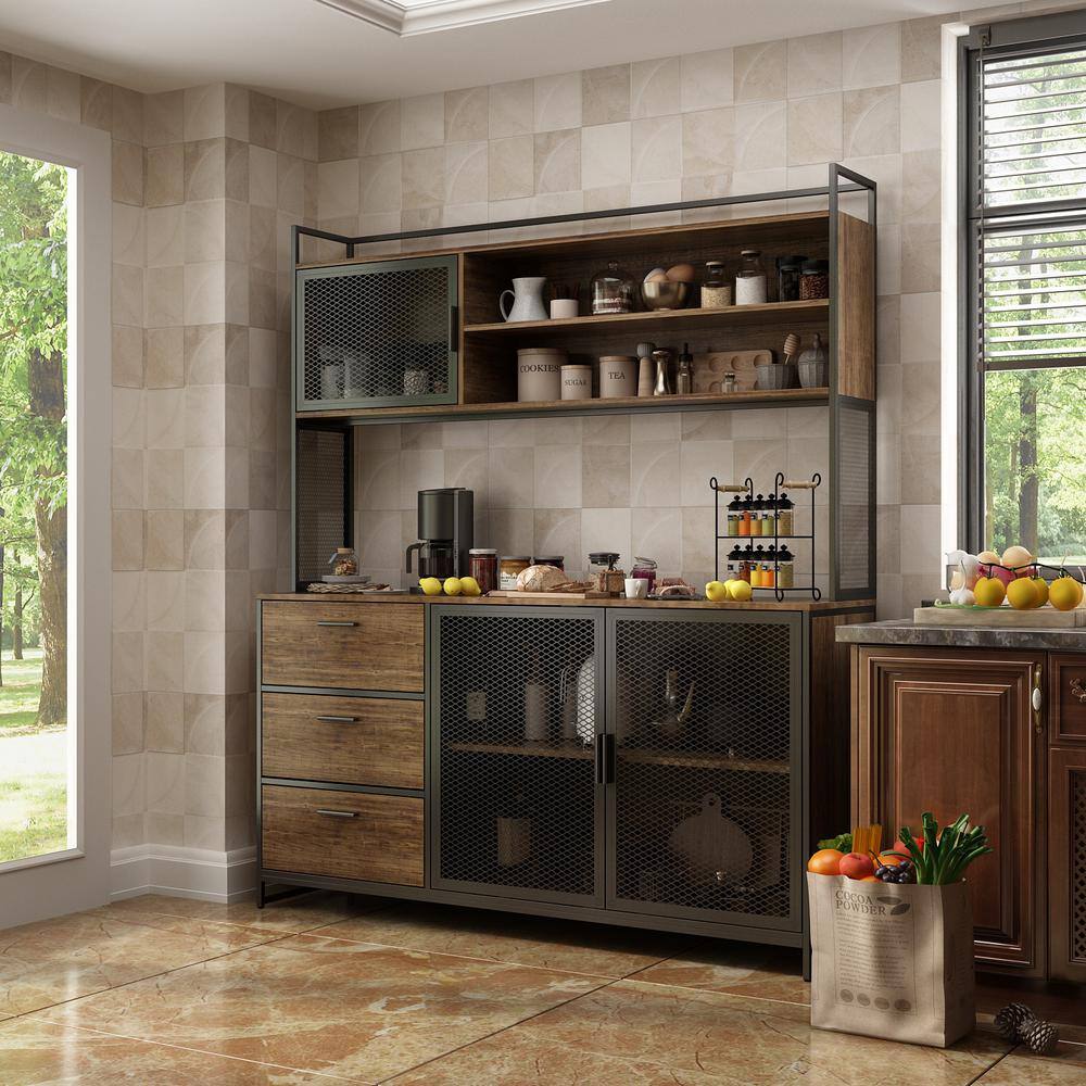 FUFUGAGA 59 in. W Kitchen Brown Wood Buffet Sideboard Pantry Cabinet For Dining Room with Metal Mesh Doors 3-Drawers Shelves KF210150-012