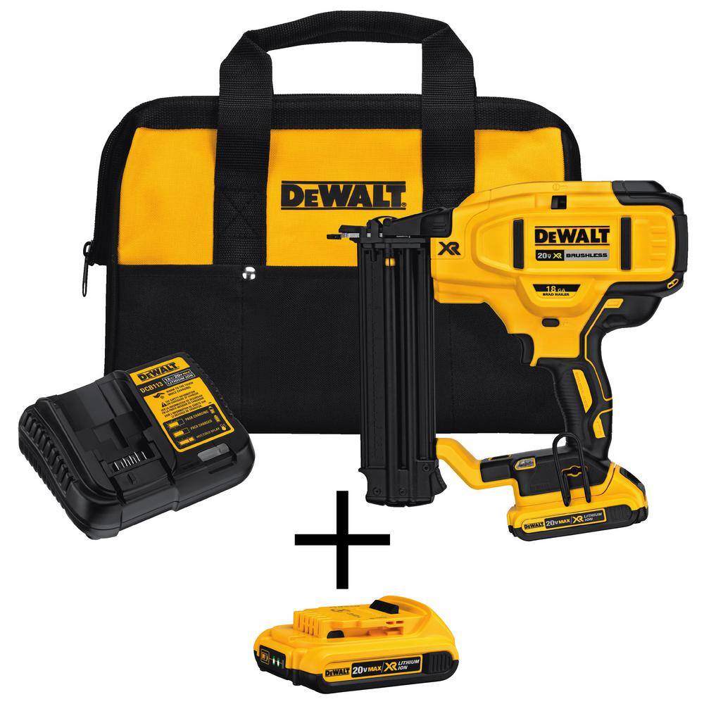 DW 20V MAX XR Lithium-Ion 18-Gauge Cordless Brad Nailer Kit (2) 2.0Ah Batteries Charger and Bag DCN680D1wDCB203