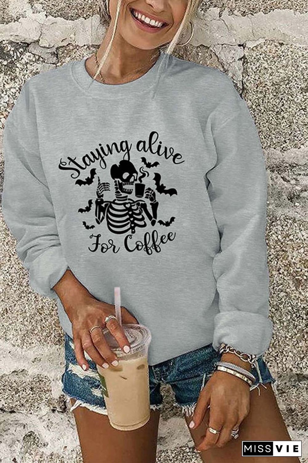 Staying Alive For Coffee Halloween Print O-neck Long Sleeve Sweatshirts Women Wholesale