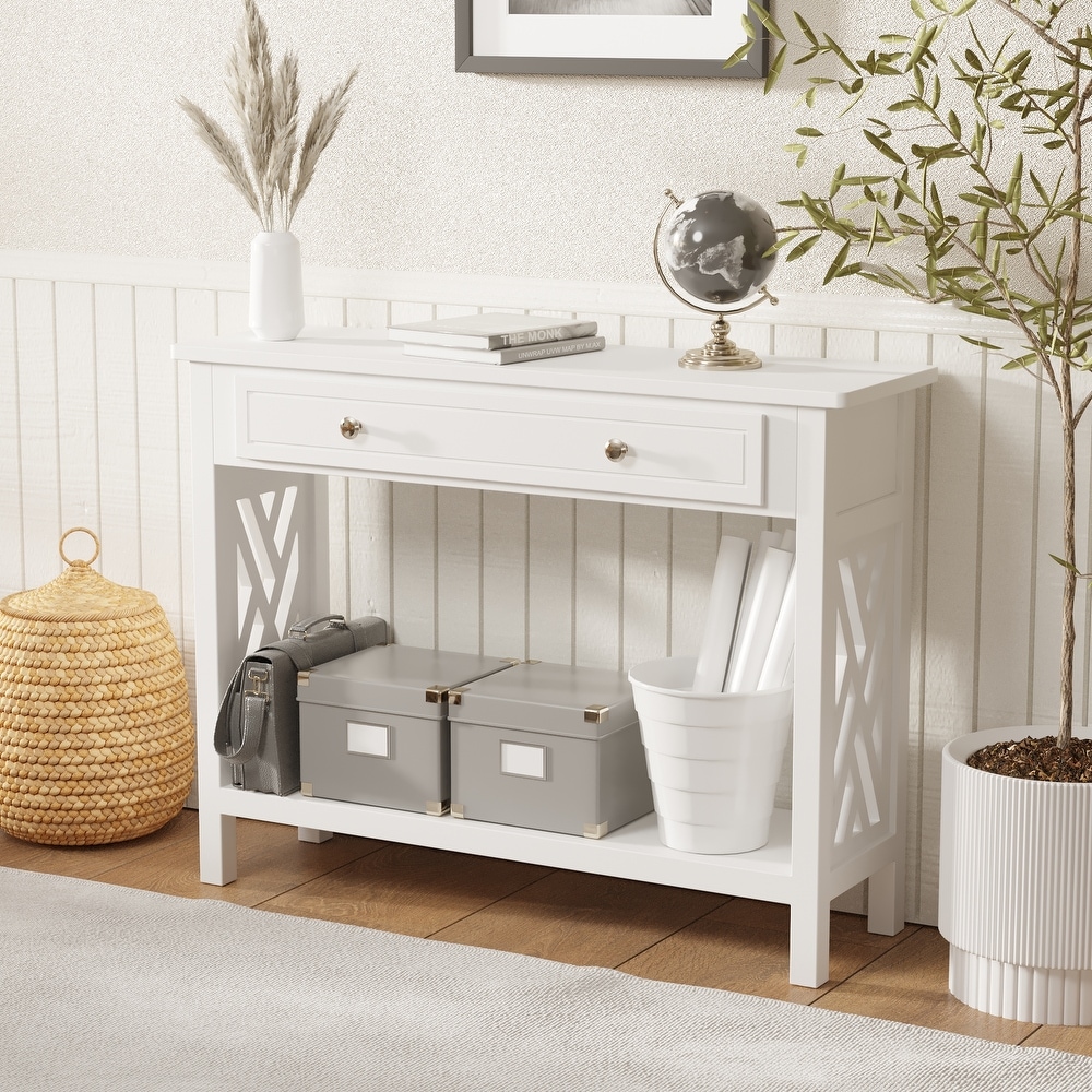 Wood Console Table Entryway Table with Drawer and Shelf  White