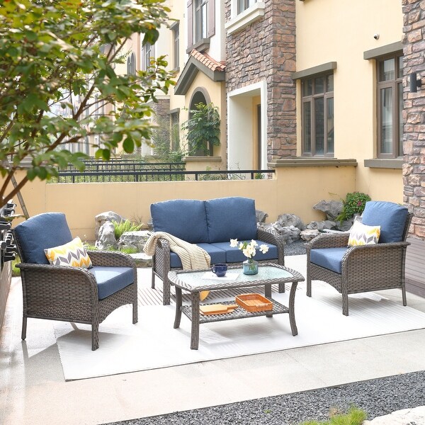 HOOOWOOO Outdoor 4piece Wicker Conversation Sofa Set with Glass Coffee Table