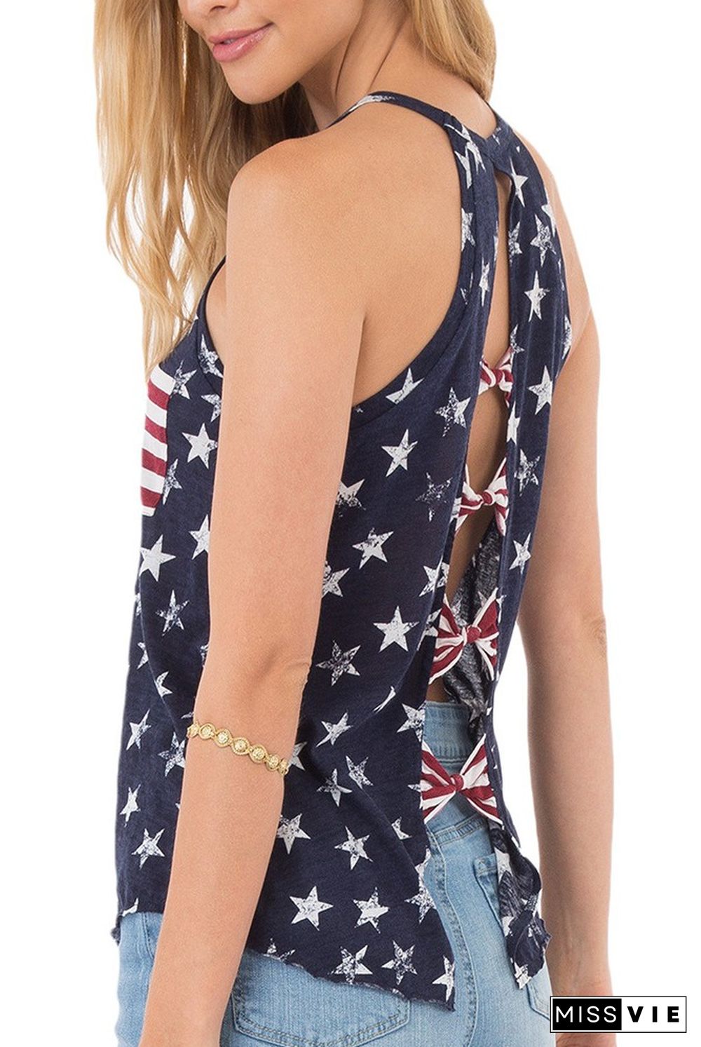 Navy Halter Stars Tank Top with Back Bow Knot