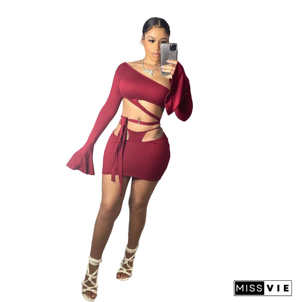 Summer Solid Color Skew Shoulder Flare Long Sleeve Hollow Out Bandage Crop Top Mini Skirt 2 Piece Set