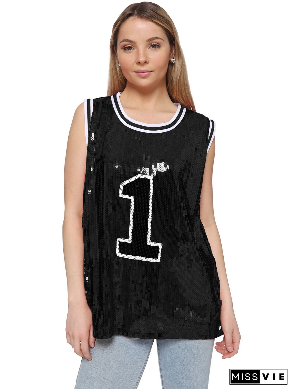 Sparkle Glitter Hip Hop Number 1 T-Shirt Top Blouse Tunic Sequins Basketball Tank Vests