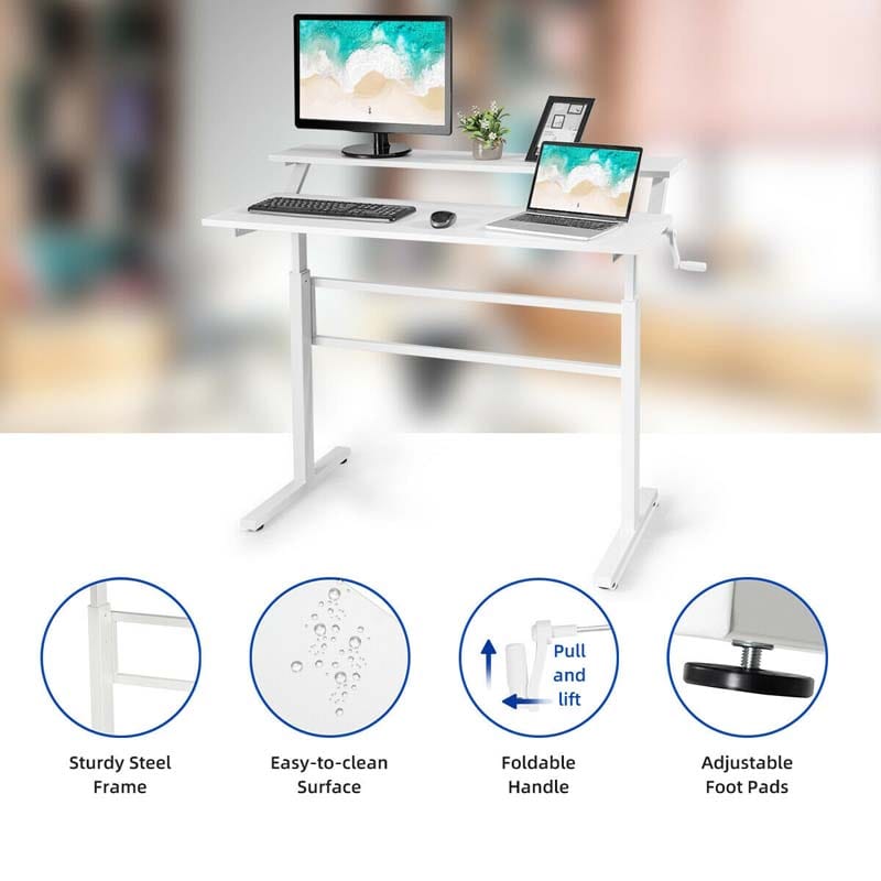 2-Tier Standing Desk, Height Adjustable Sit Stand Up Desk, Computer Desk Workstation with Monitor Stand & Foldable Crank Handle