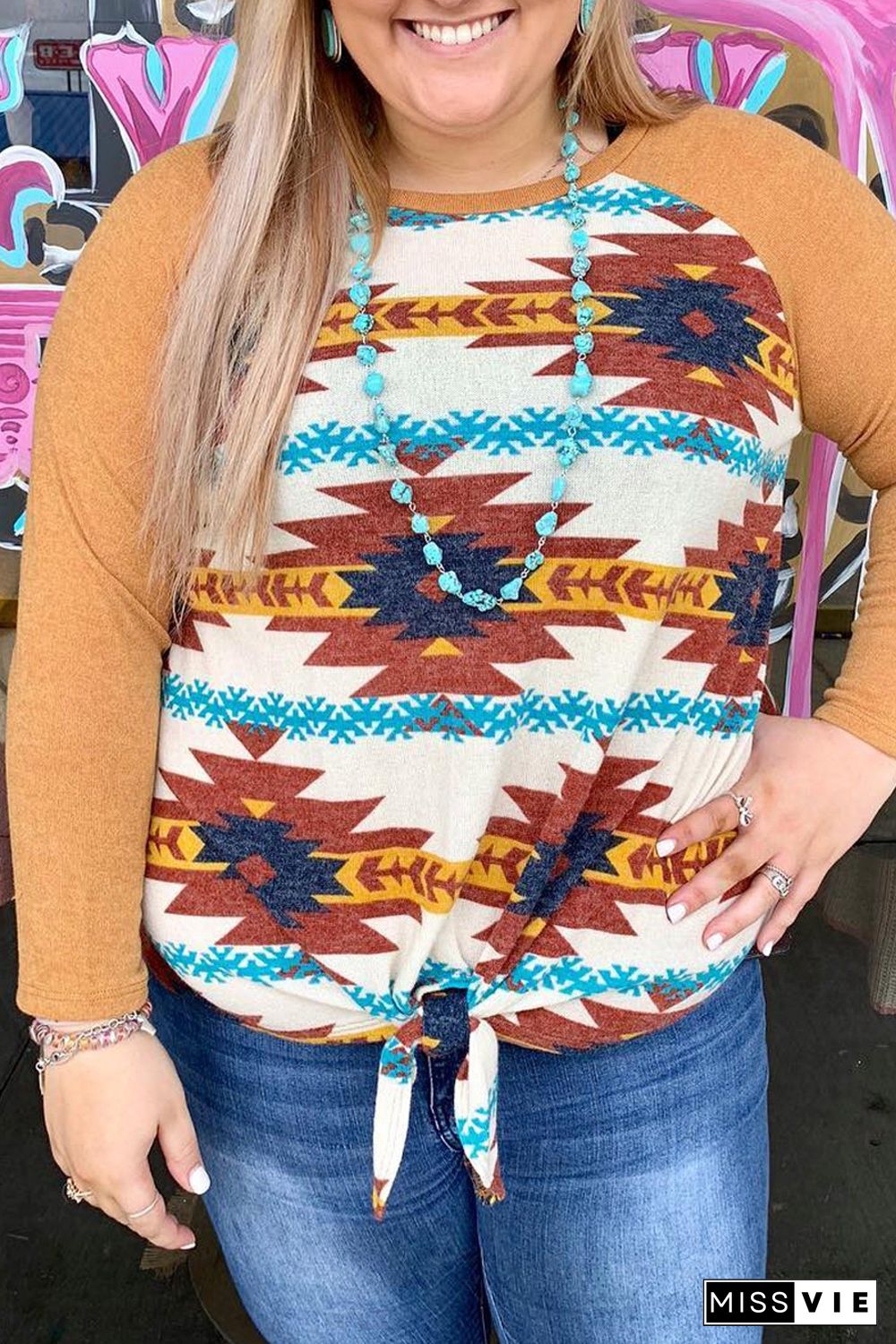 Aztec Print Raglan Long Sleeve Plus Size Top