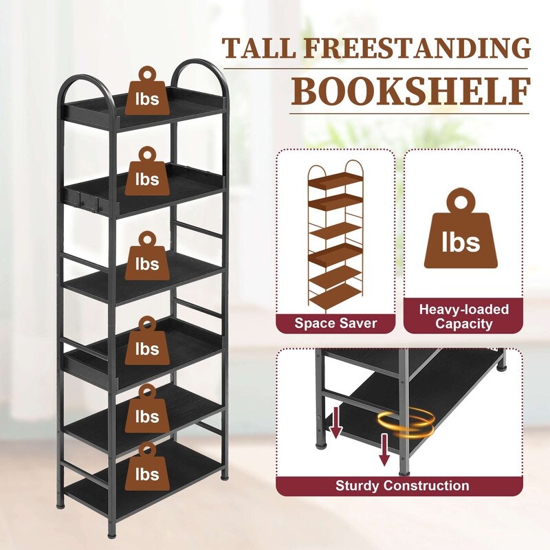 70.8 Inch Tall Bookshelf  6 tier Shelves with Round Top Frame