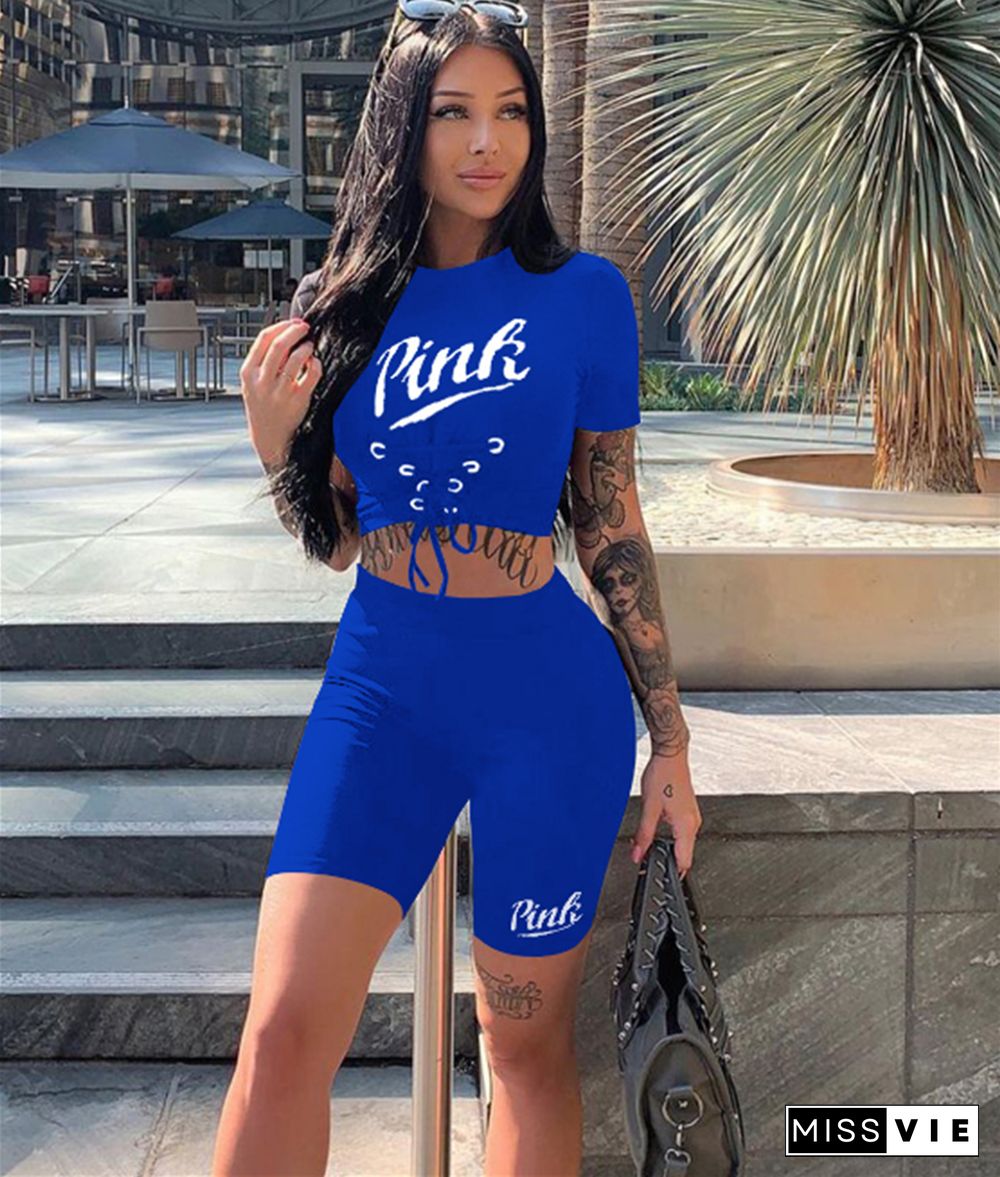 Sportswear Short Sleeve Crop Tops Biker Shorts Set