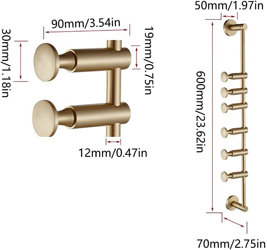 TFCFL 6 Hook Solid Coat Rack Wall Mount Coat Hooks Coat Rack for Scarves Clothes Handbags Brass