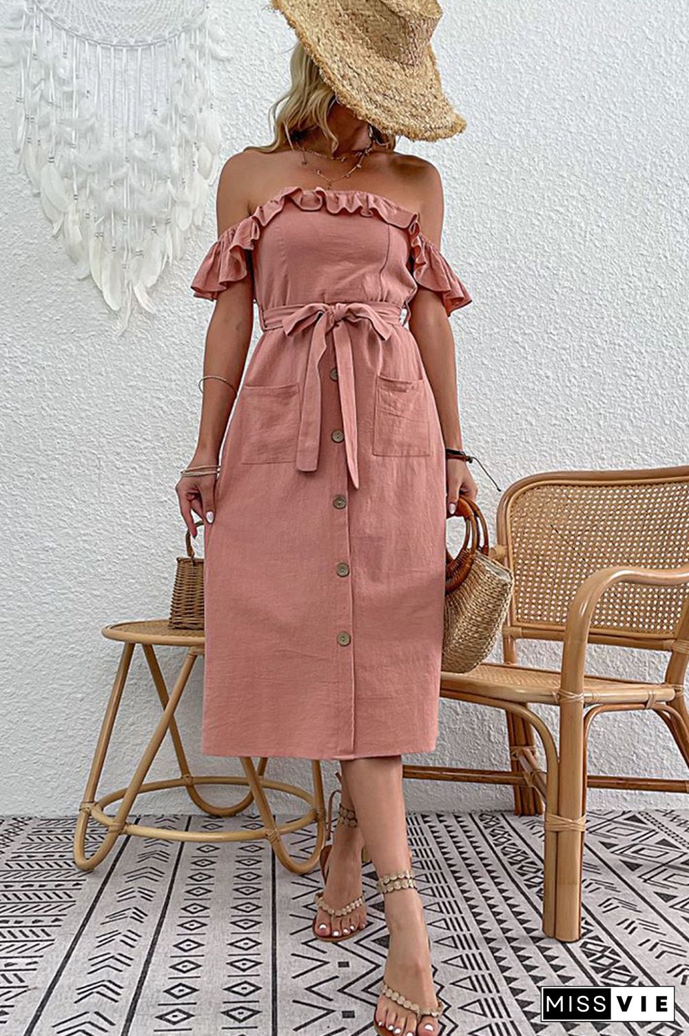 Ruffle Off Shoulder Pocket Dress Wholesale