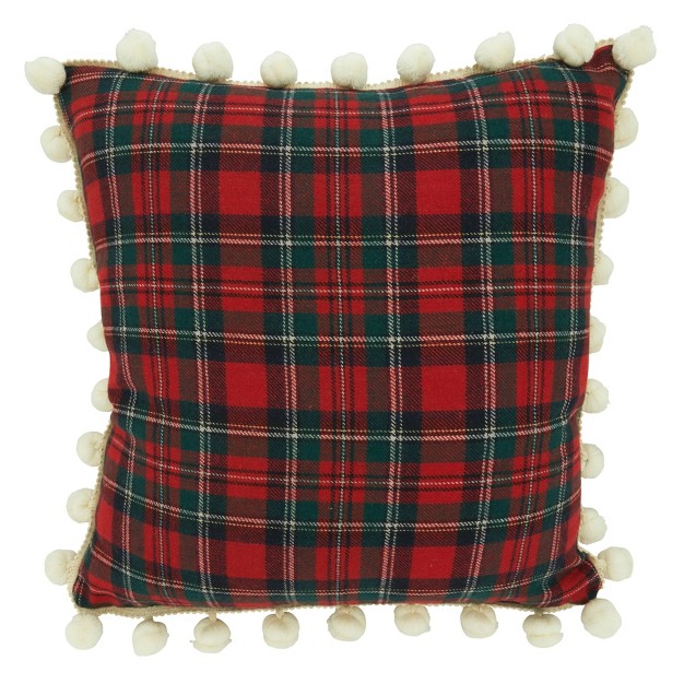 Saro Lifestyle Poly filled Throw Pillow With Plaid Pom Pom Design