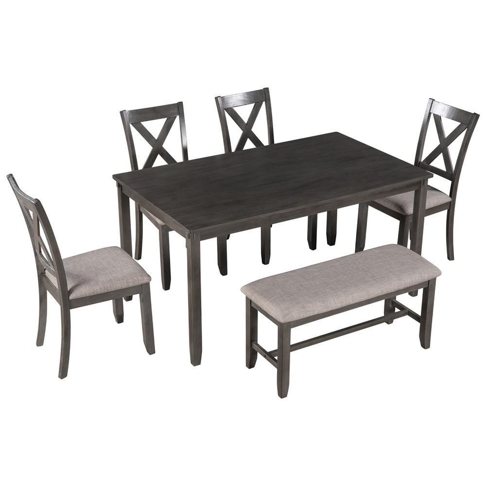 Merax Wooden 6 Piece Kitchen Dining Set with Bench and 4 Dining Chairs