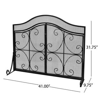 Noble House Pendleton Modern Black and Silver Three Panel Iron Fire Screen with Door 67406